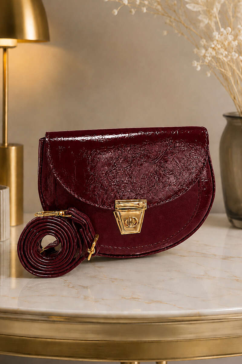 Oval Patent Bag with Lock Detail - Burgundy