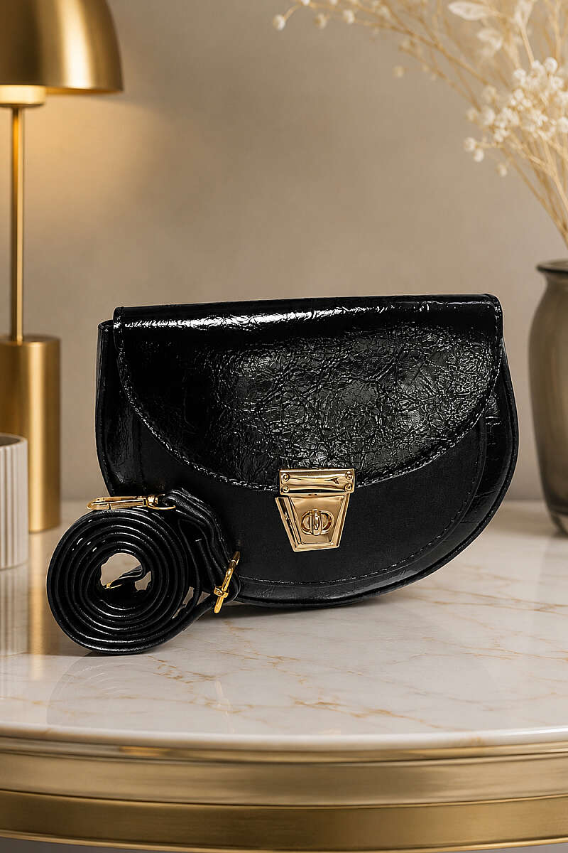 Oval Patent Bag with Lock Detail - Black