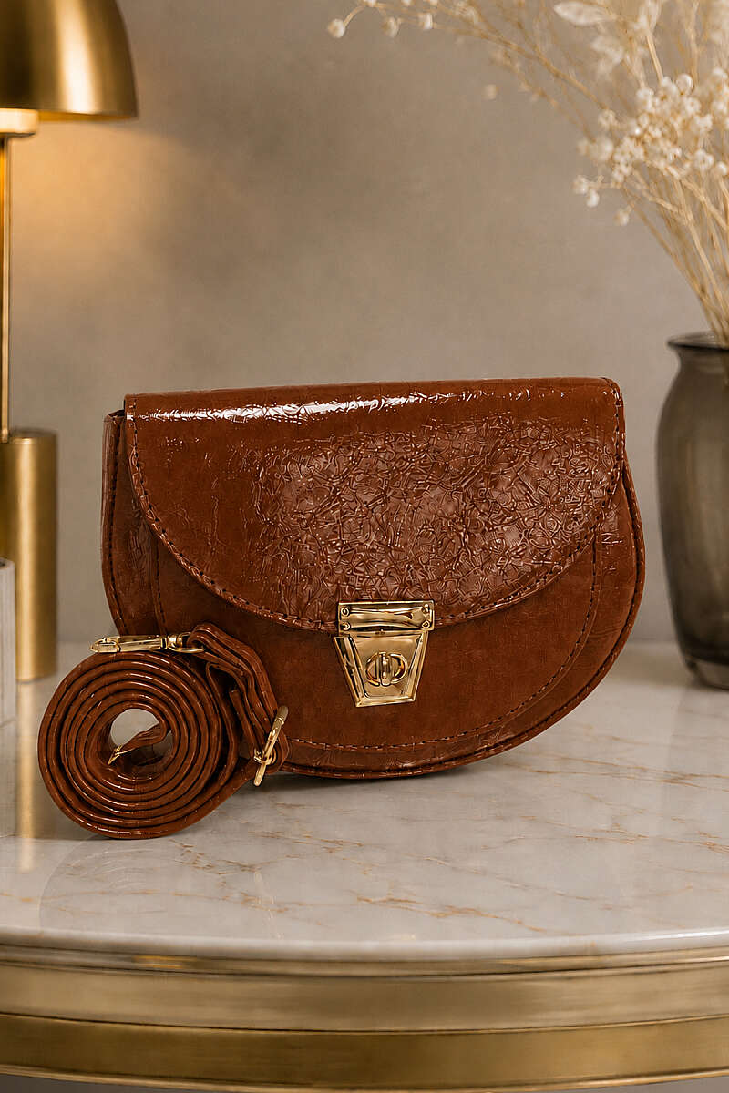 Oval Patent Bag with Lock Detail - Tan