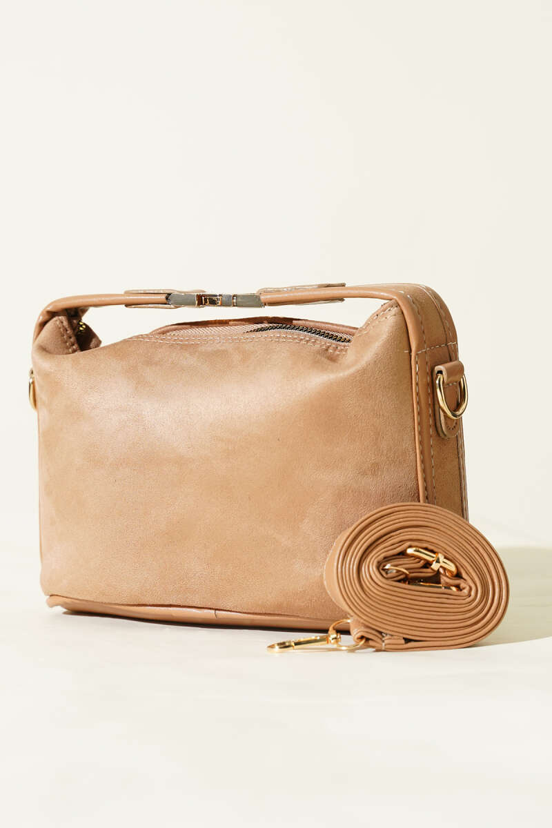 Suede Bag with Lock Handle - Latte