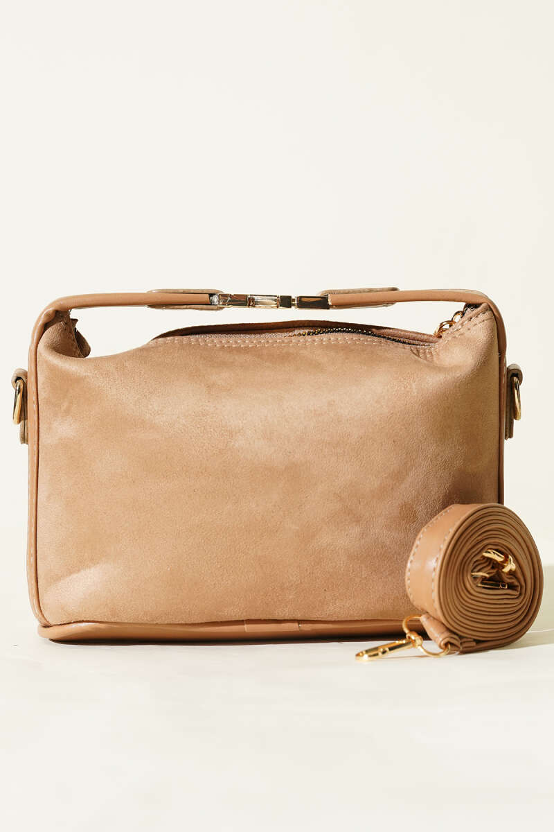 Suede Bag with Lock Handle - Latte