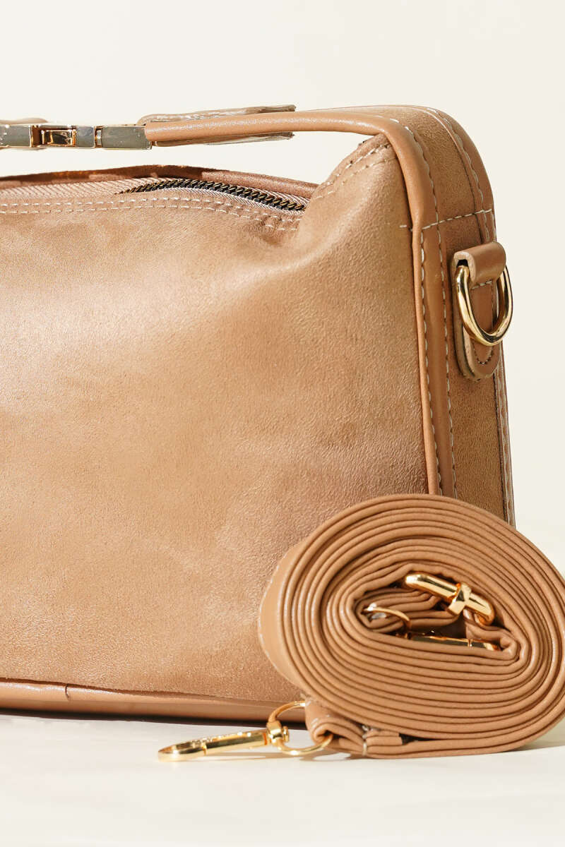 Suede Bag with Lock Handle - Latte
