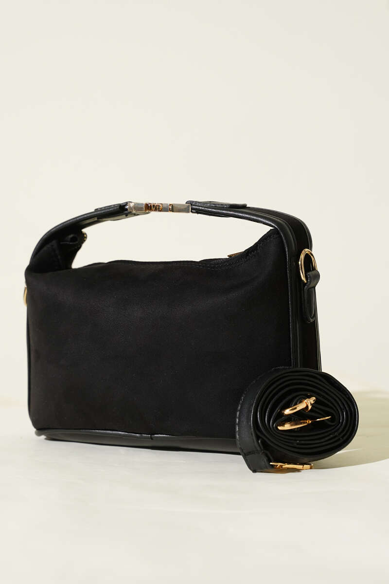 Suede Bag with Lock Handle - Black