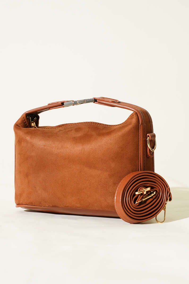 Suede Bag with Lock Handle - Tan