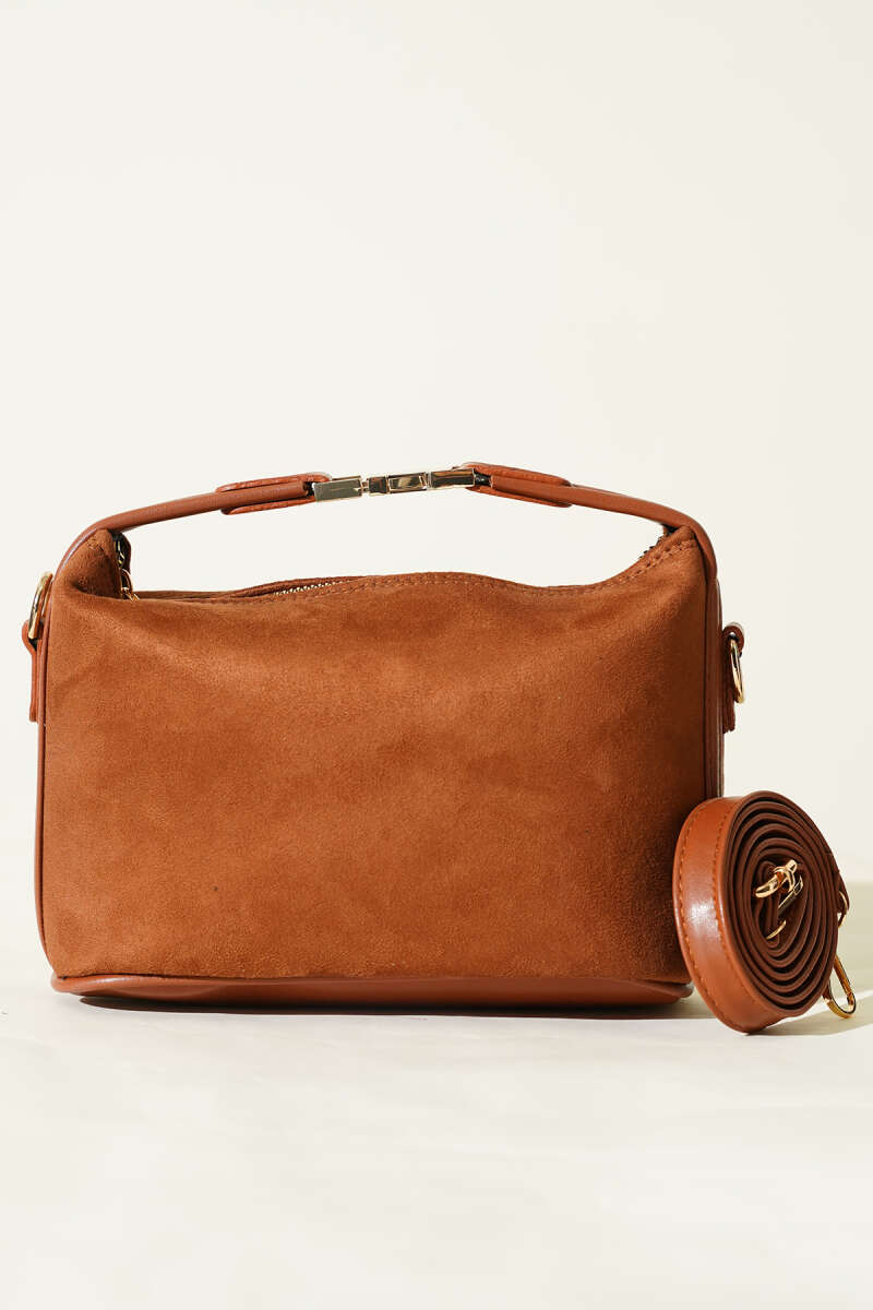Suede Bag with Lock Handle - Tan