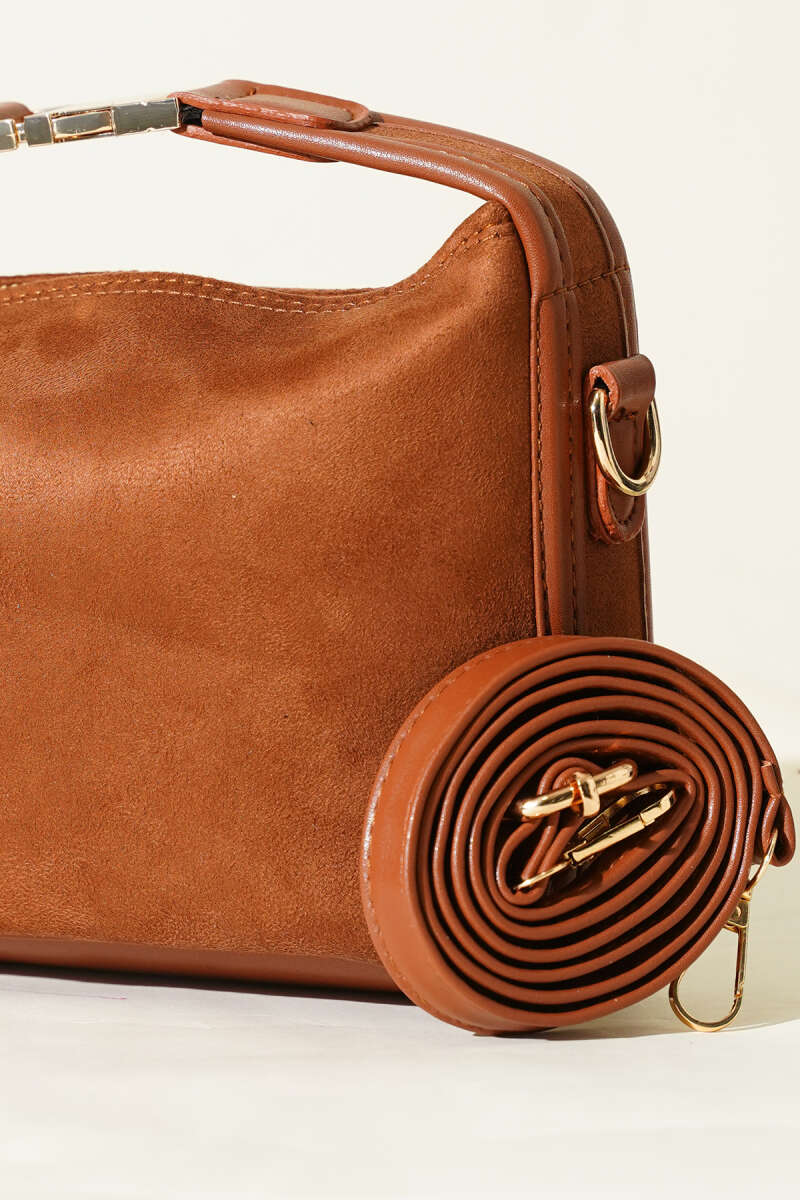 Suede Bag with Lock Handle - Tan