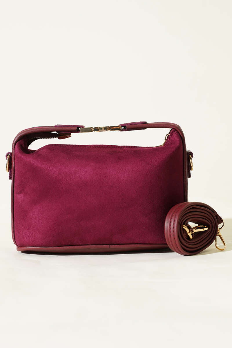 Suede Bag with Lock Handle - Cherry