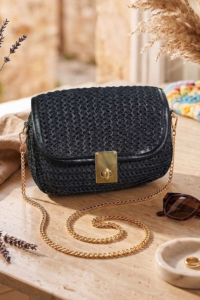 Straw Bag with Lock and Chain Strap - Black