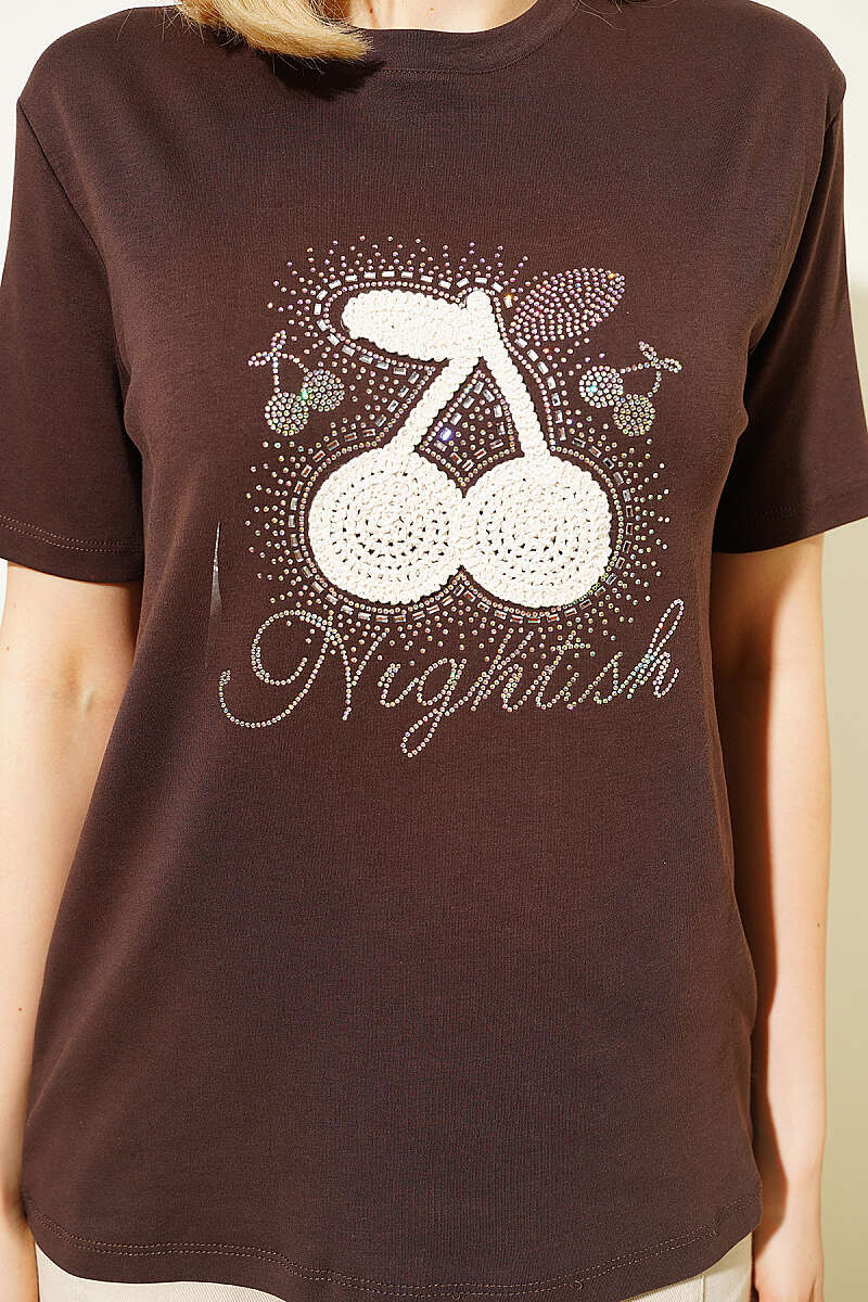 Cherry Print T-Shirt with Mini Stones - Brown