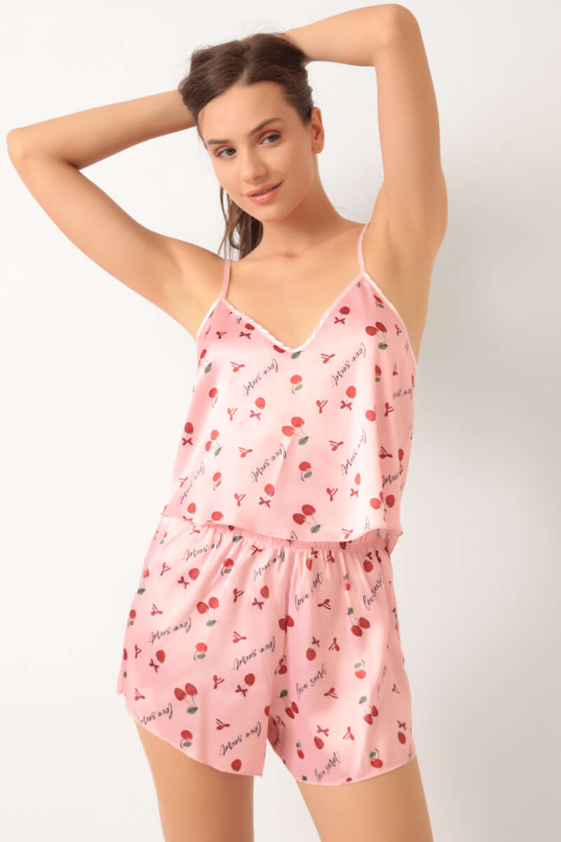 Cherry Print Strappy Satin Pyjama Set - Pink