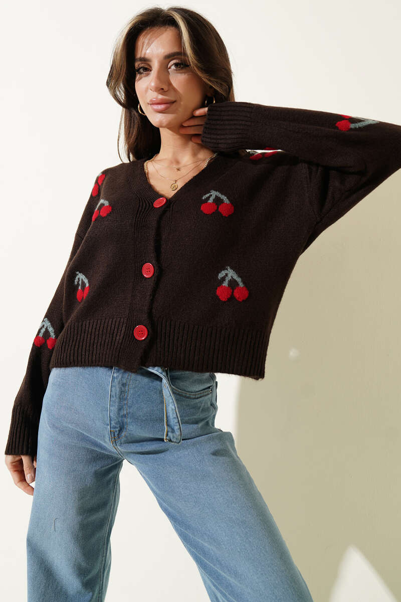 Cherry Pattern Knit Cardigan - Brown