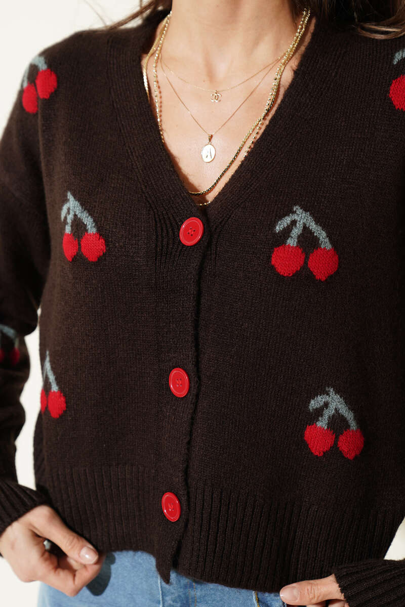 Cherry Pattern Knit Cardigan - Brown