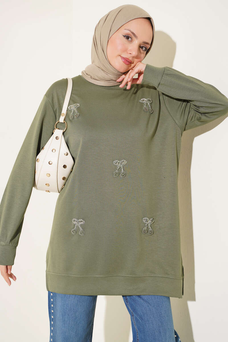 Cherry Embroidered Jersey Tunic - Khaki