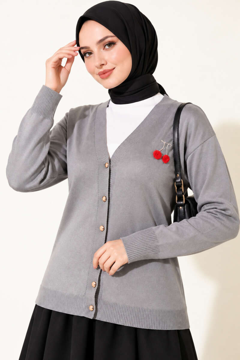 Cherry Embroidered Mercerised Cardigan - Grey