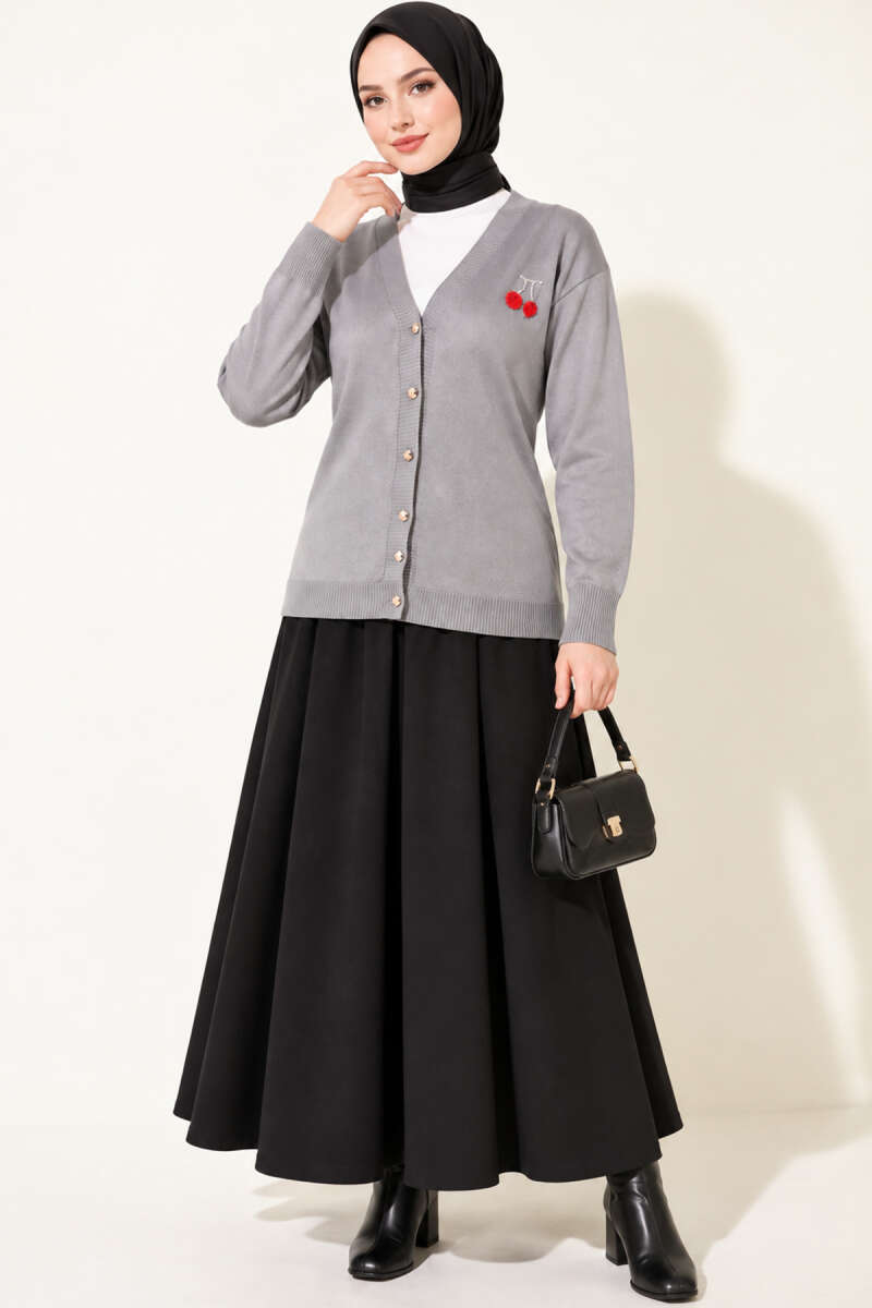Cherry Embroidered Mercerised Cardigan - Grey