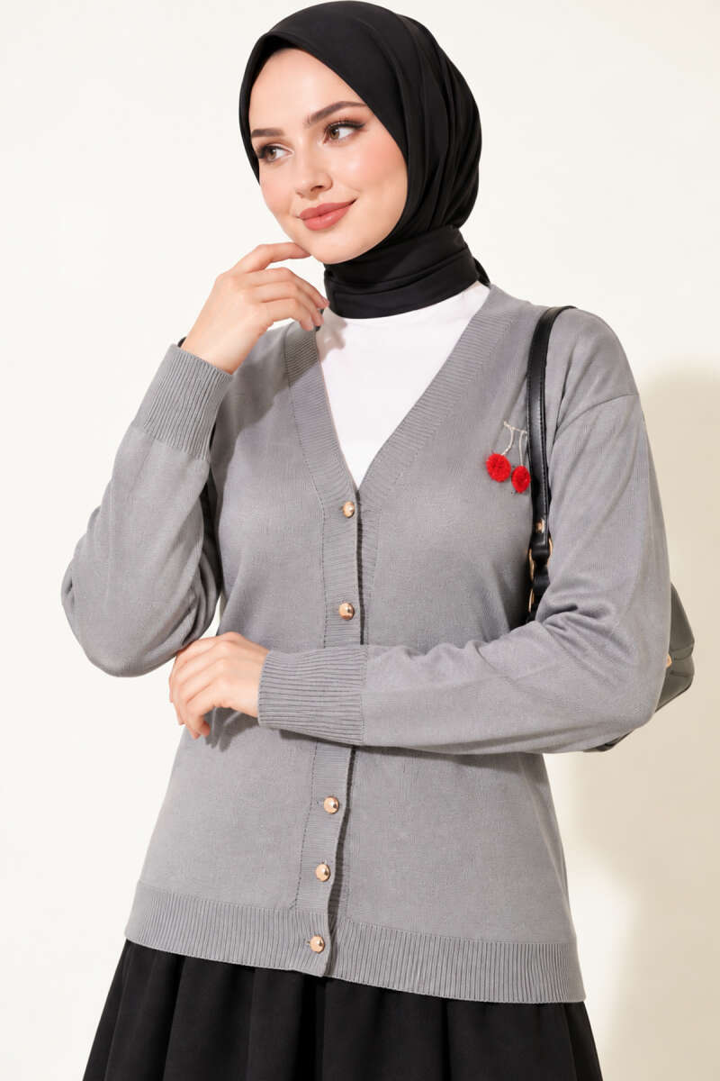 Cherry Embroidered Mercerised Cardigan - Grey