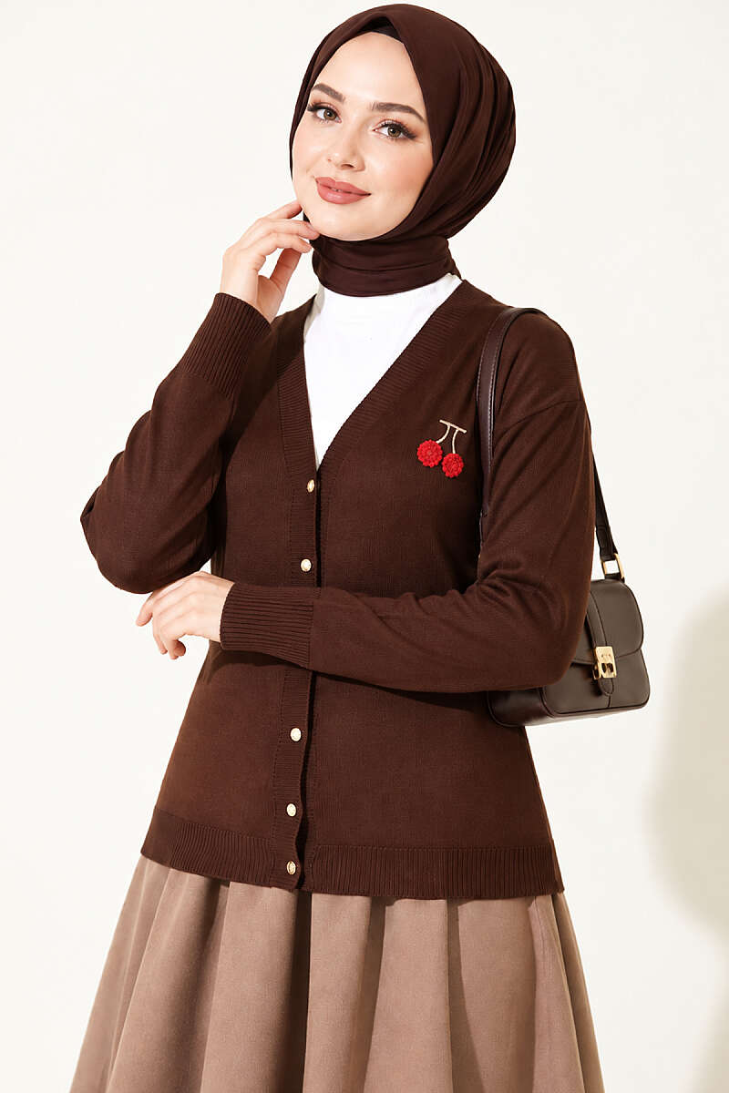 Cherry Embroidered Mercerised Cardigan - Brown