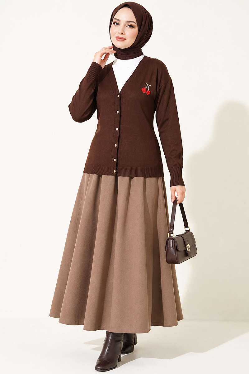 Cherry Embroidered Mercerised Cardigan - Brown