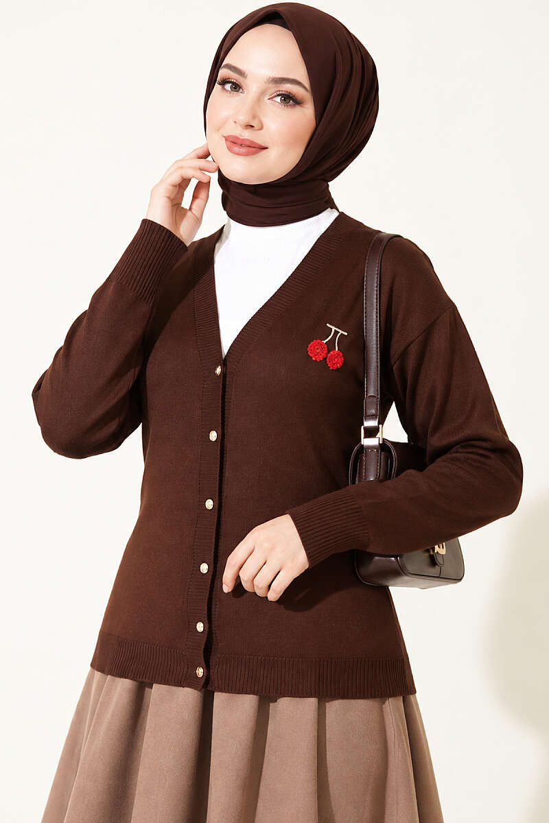 Cherry Embroidered Mercerised Cardigan - Brown