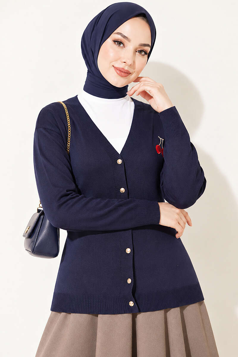 Cherry Embroidered Mercerised Cardigan - Navy