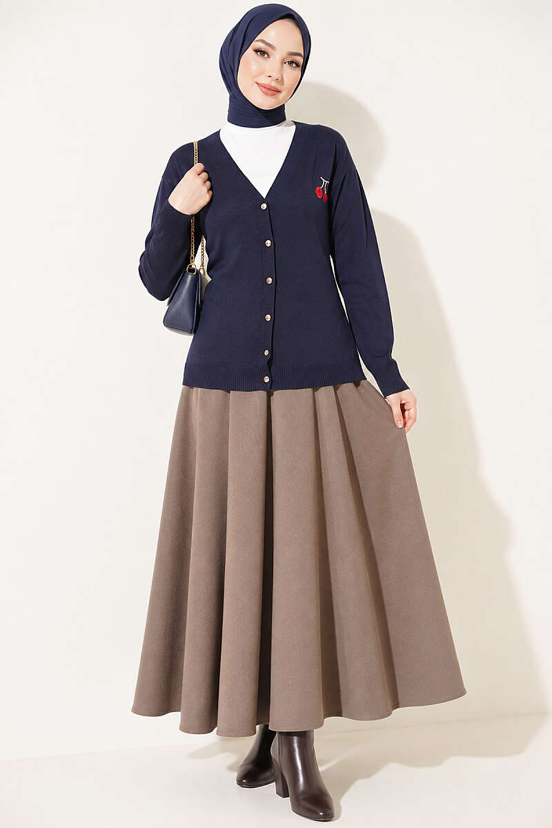 Cherry Embroidered Mercerised Cardigan - Navy