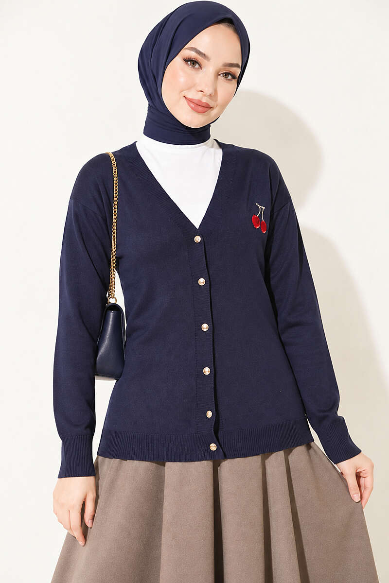 Cherry Embroidered Mercerised Cardigan - Navy
