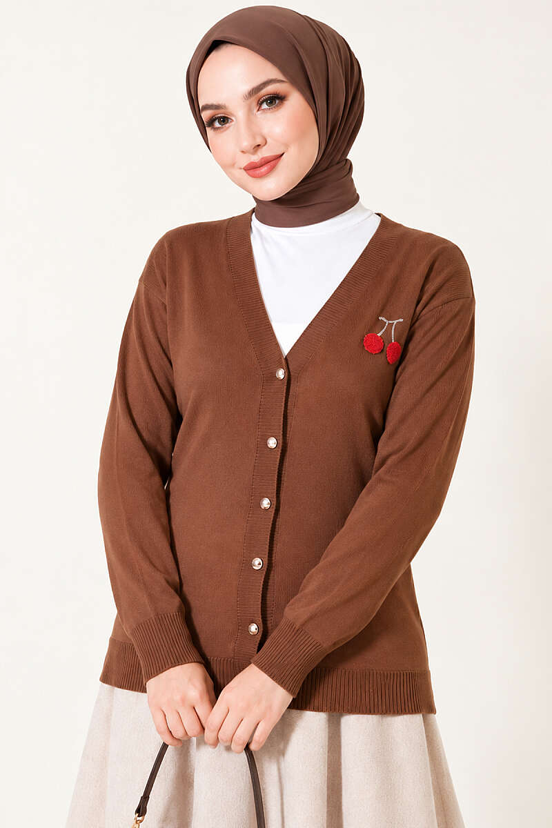 Cherry Embroidered Mercerised Cardigan - Latte