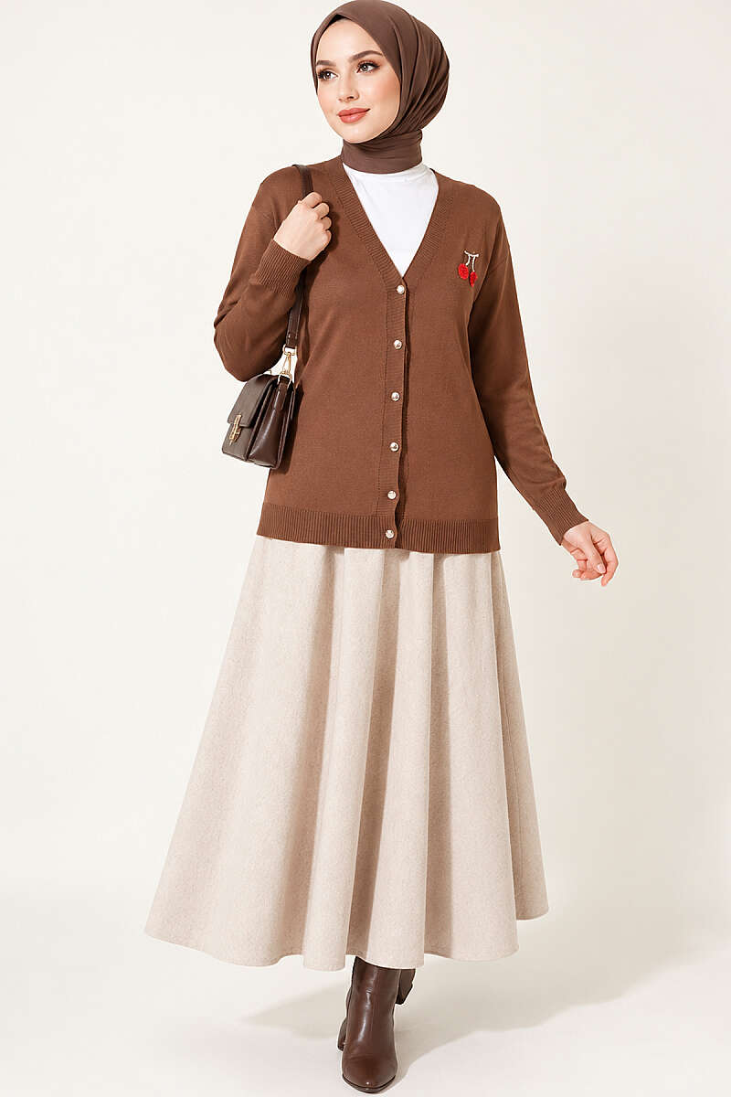 Cherry Embroidered Mercerised Cardigan - Latte