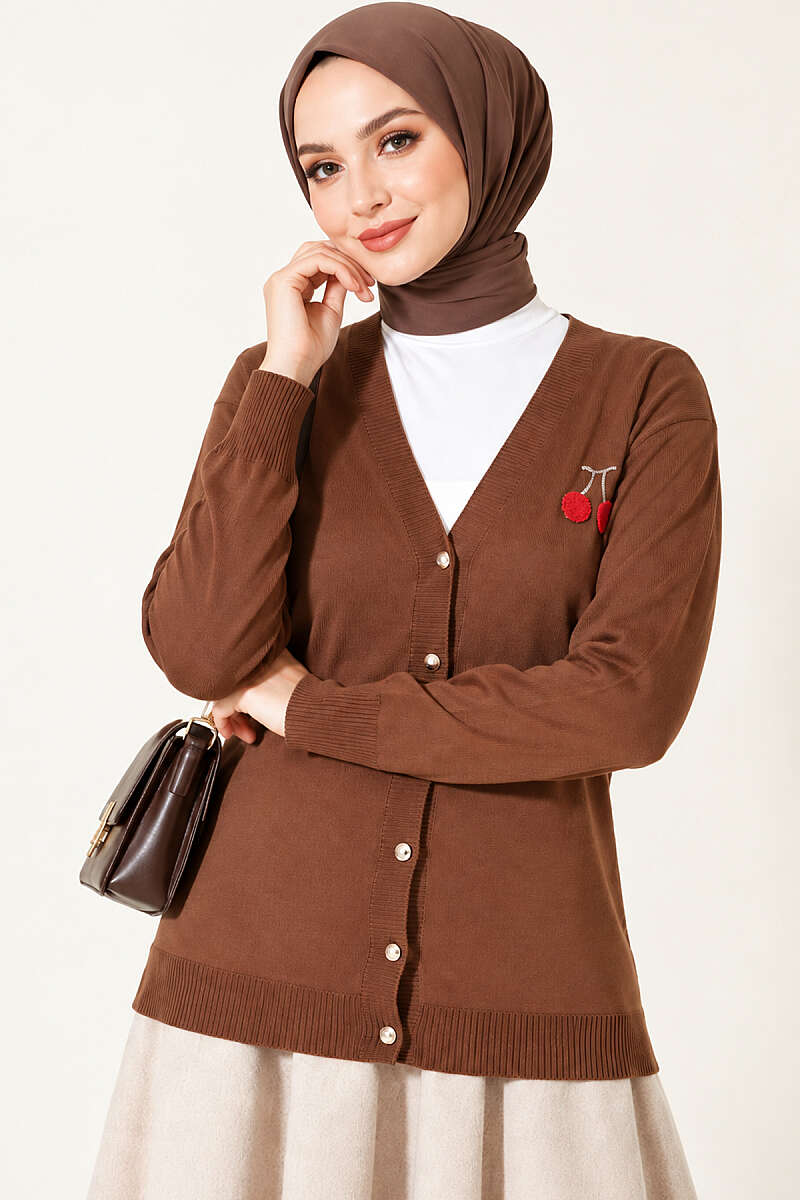 Cherry Embroidered Mercerised Cardigan - Latte