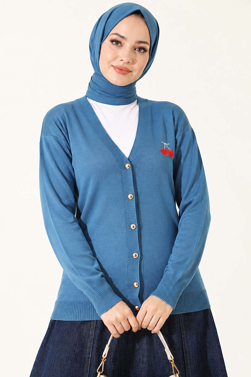 Cherry Embroidered Mercerised Cardigan - Blue
