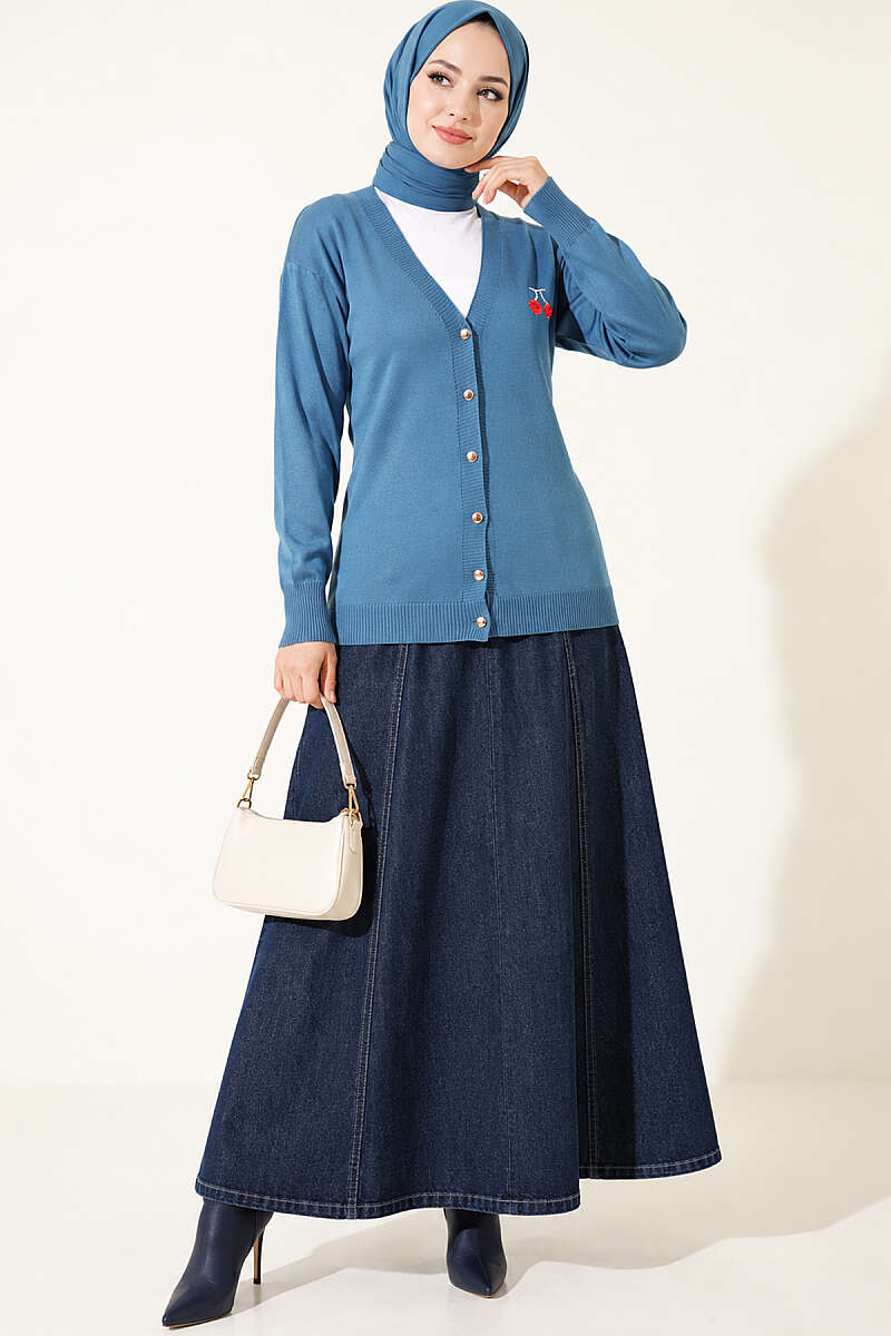 Cherry Embroidered Mercerised Cardigan - Blue