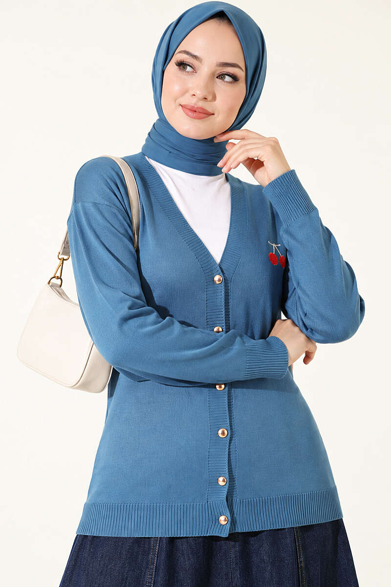 Cherry Embroidered Mercerised Cardigan - Blue