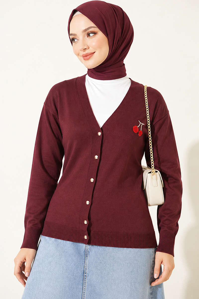 Cherry Embroidered Mercerised Cardigan - Plum