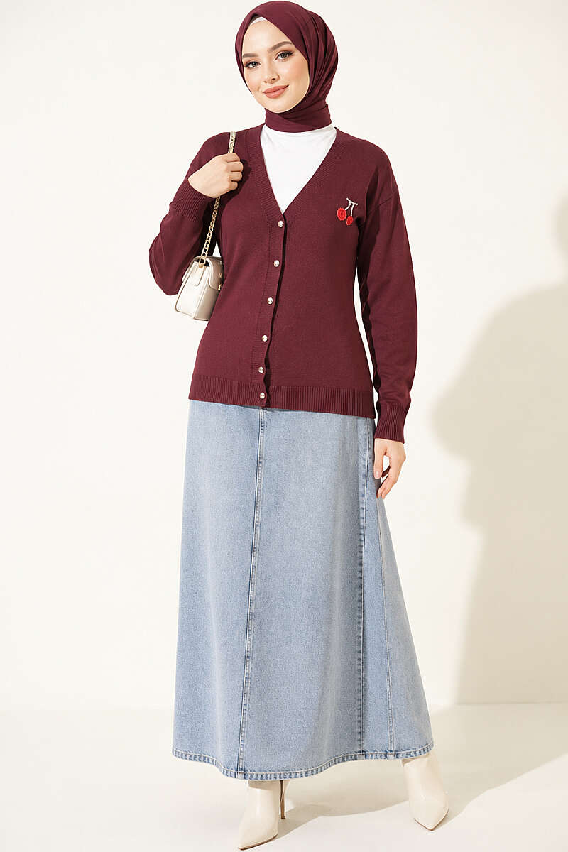 Cherry Embroidered Mercerised Cardigan - Plum