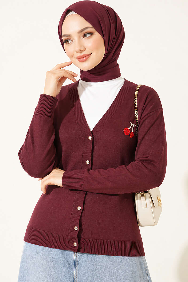 Cherry Embroidered Mercerised Cardigan - Plum