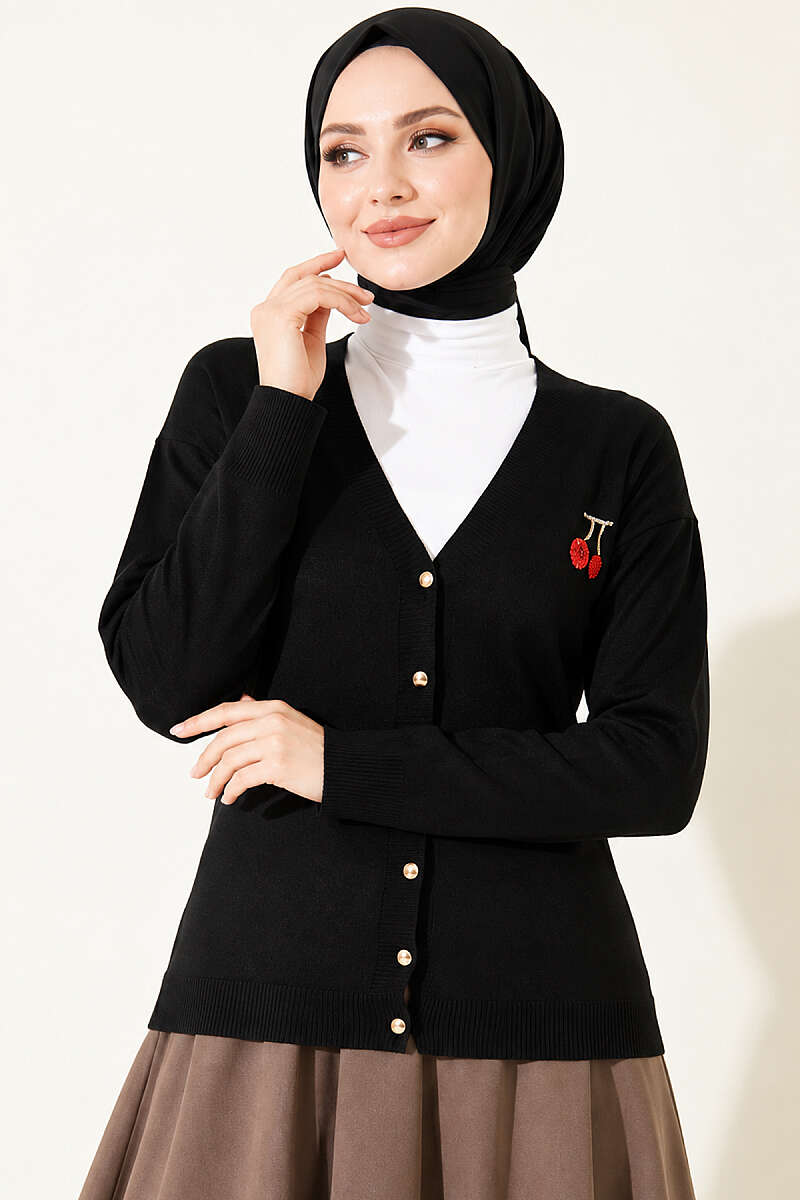 Cherry Embroidered Mercerised Cardigan - Black