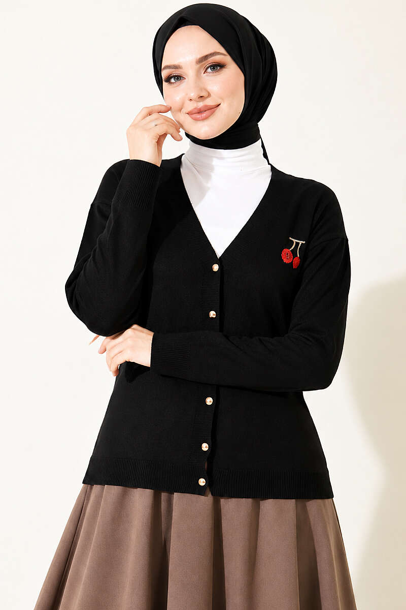 Cherry Embroidered Mercerised Cardigan - Black