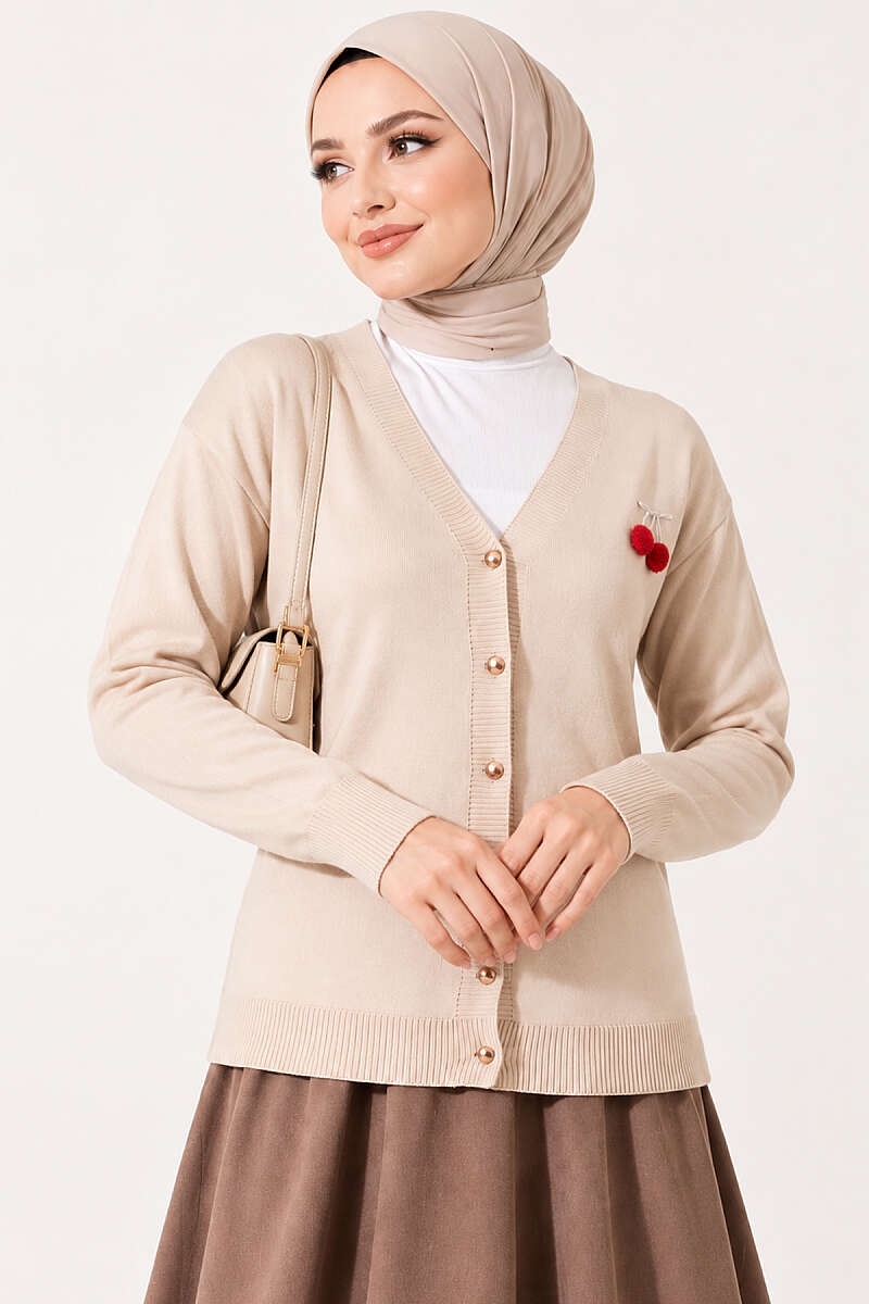 Cherry Embroidered Mercerised Cardigan - Stone