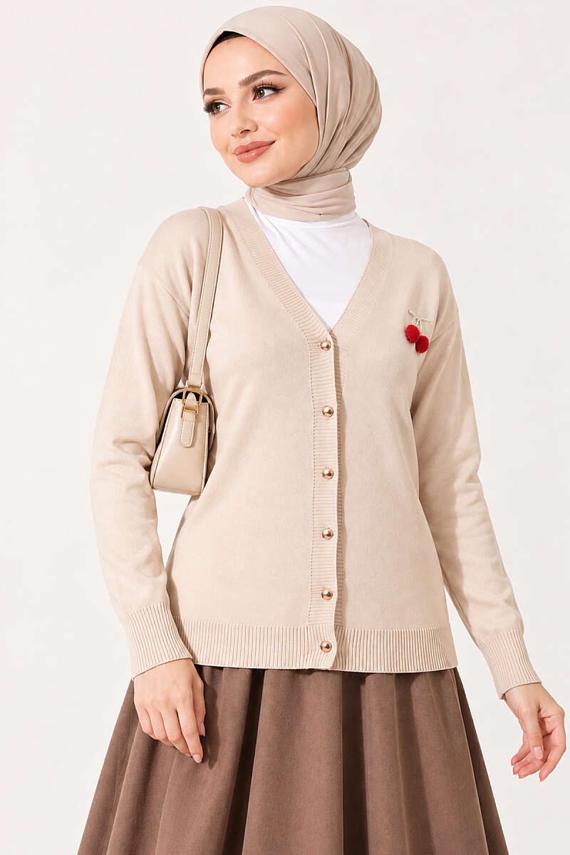 Cherry Embroidered Mercerised Cardigan - Stone
