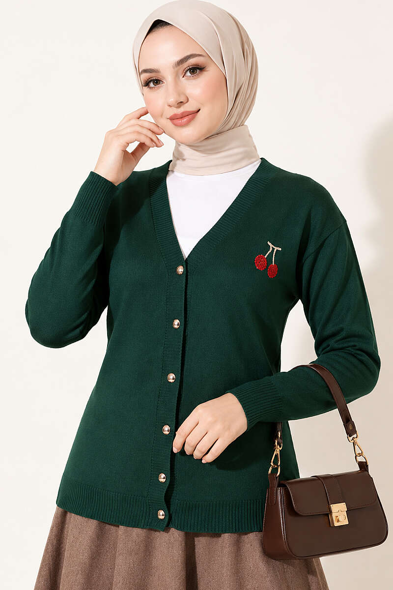 Cherry Embroidered Mercerised Cardigan - Emerald