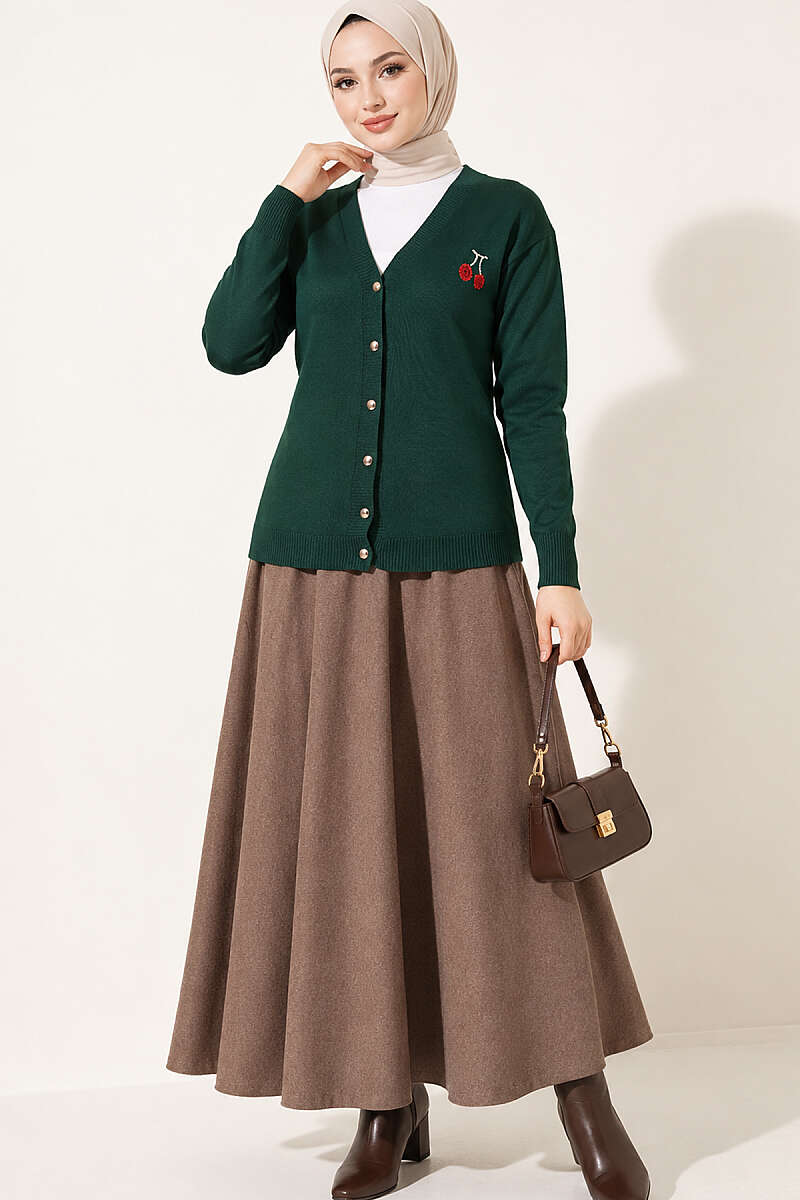 Cherry Embroidered Mercerised Cardigan - Emerald