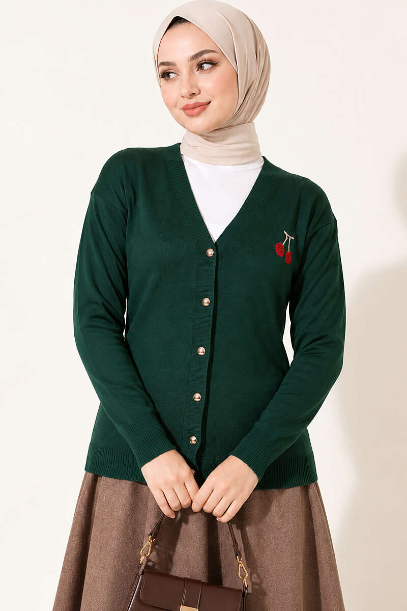 Cherry Embroidered Mercerised Cardigan - Emerald