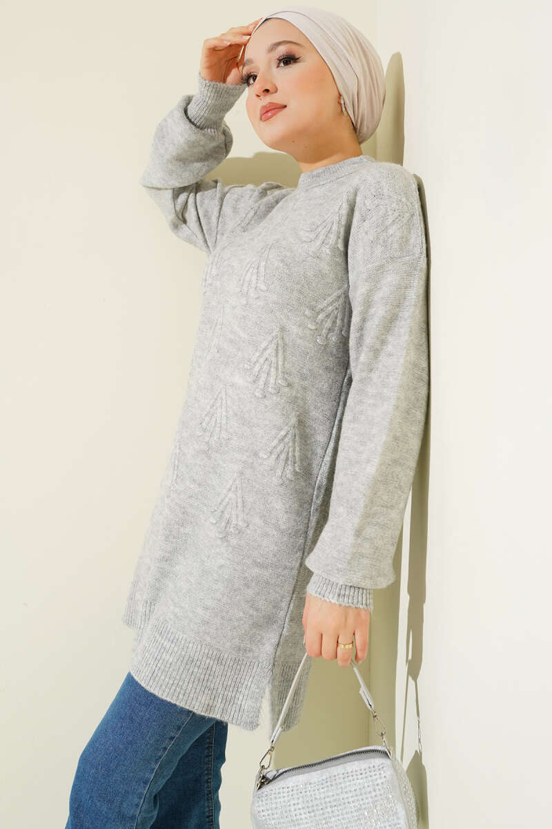 Soft Knit Tunic with Embossed Cherries - Grey