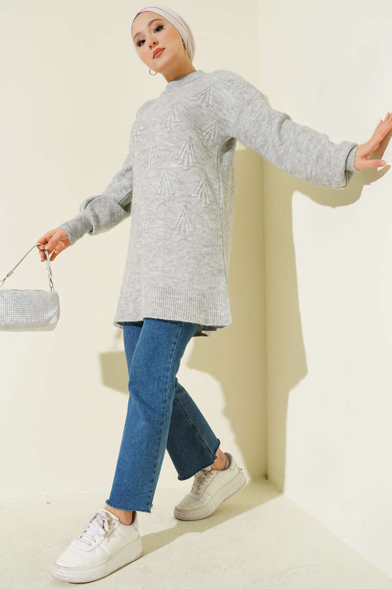 Soft Knit Tunic with Embossed Cherries - Grey