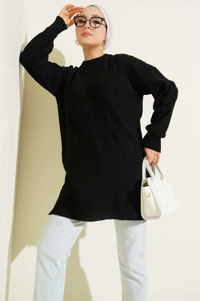 Soft Knit Tunic with Embossed Cherries - Black