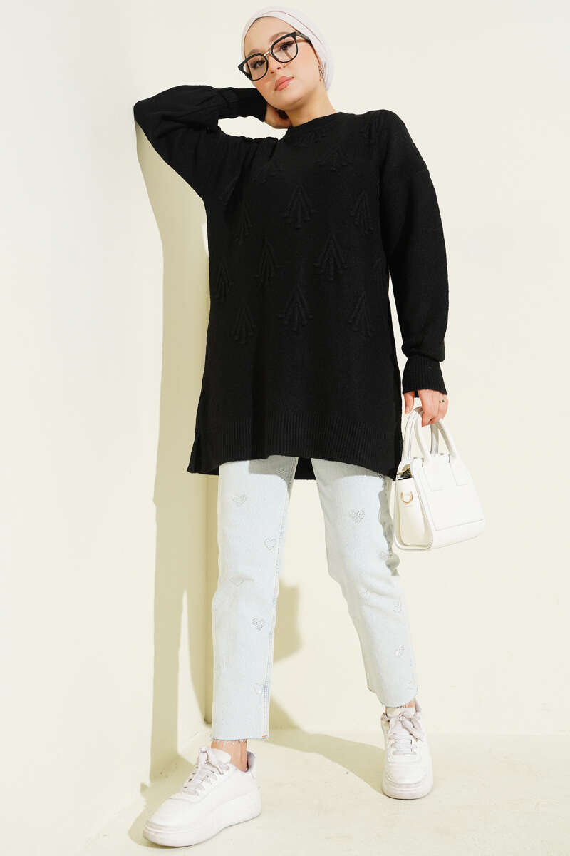 Soft Knit Tunic with Embossed Cherries - Black