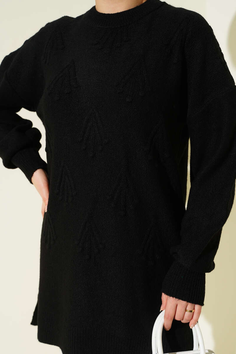 Soft Knit Tunic with Embossed Cherries - Black
