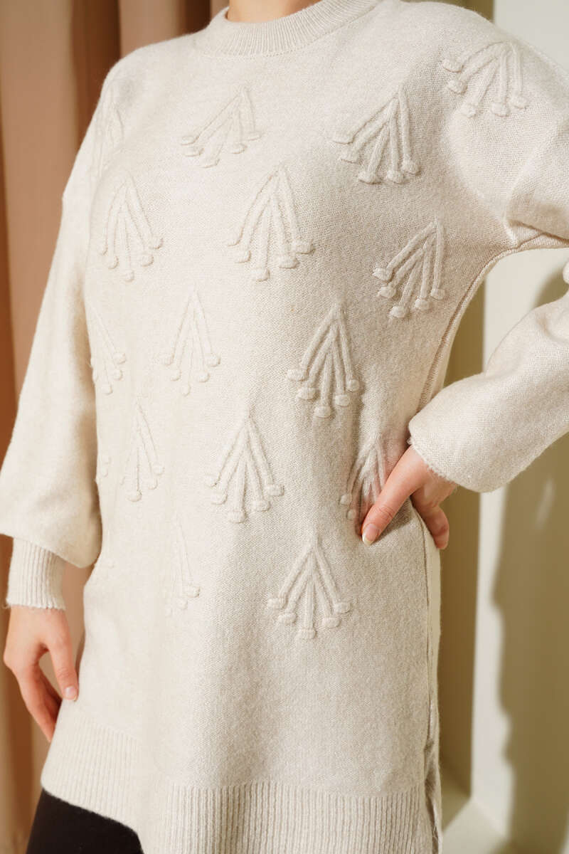 Soft Knit Tunic with Embossed Cherries - Stone