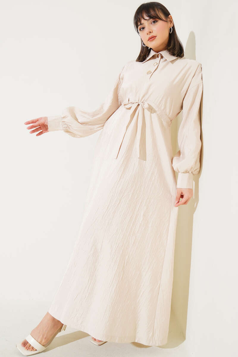 Crinkle Half-Button Dress - Beige