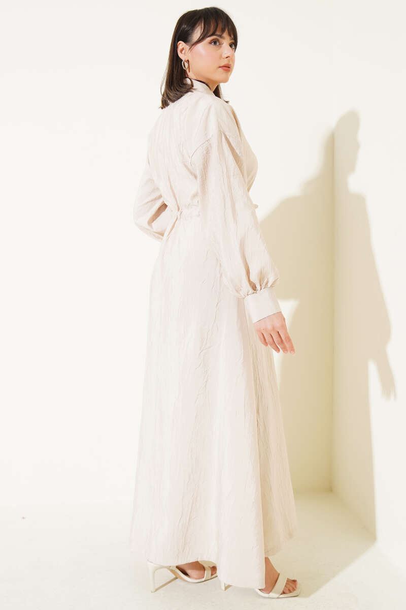 Crinkle Half-Button Dress - Beige